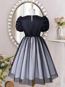 Girls' Tulle Princess Dress With Bow & Beaded Decor, Suitable For Birthday Party, Ball, Stage Performance, Fashion Show, Daily Wear - Black - View 2