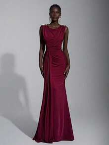 Elitara 优雅弹力针织面料泳衣，圆领带垫肩和褶皱细节，金属纽扣装饰，褶皱腰身，美人鱼廓形，侧边垂褶，适合婚礼、派对、度假、盛会和正式场合（厚款） - 酒紅色 - 查看 5