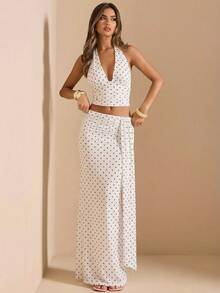 SHEIN BAE 白色波点深V领露背上衣搭配飘逸长裙，适合派对、鸡尾酒会、生日礼服、伴娘礼服、婚礼宾客着装、早午餐礼服、优雅连衣裙 - 白色 - 查看 1