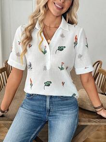 Louniche 标准尺码女士休闲印花简约短袖衬衫 - 白色 - 查看 1