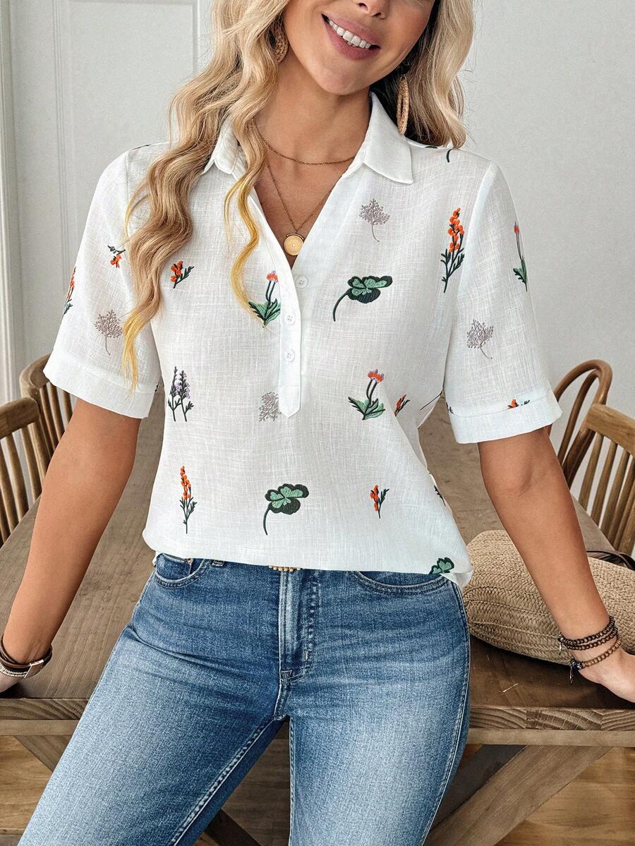 Louniche 标准尺码女士休闲印花简约短袖衬衫 - 白色 - 查看 1