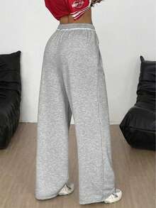 SHEIN 少女宽松休闲舒适中腰撞色抽绳运动裤，秋冬季 - 淺灰色 - 查看 2