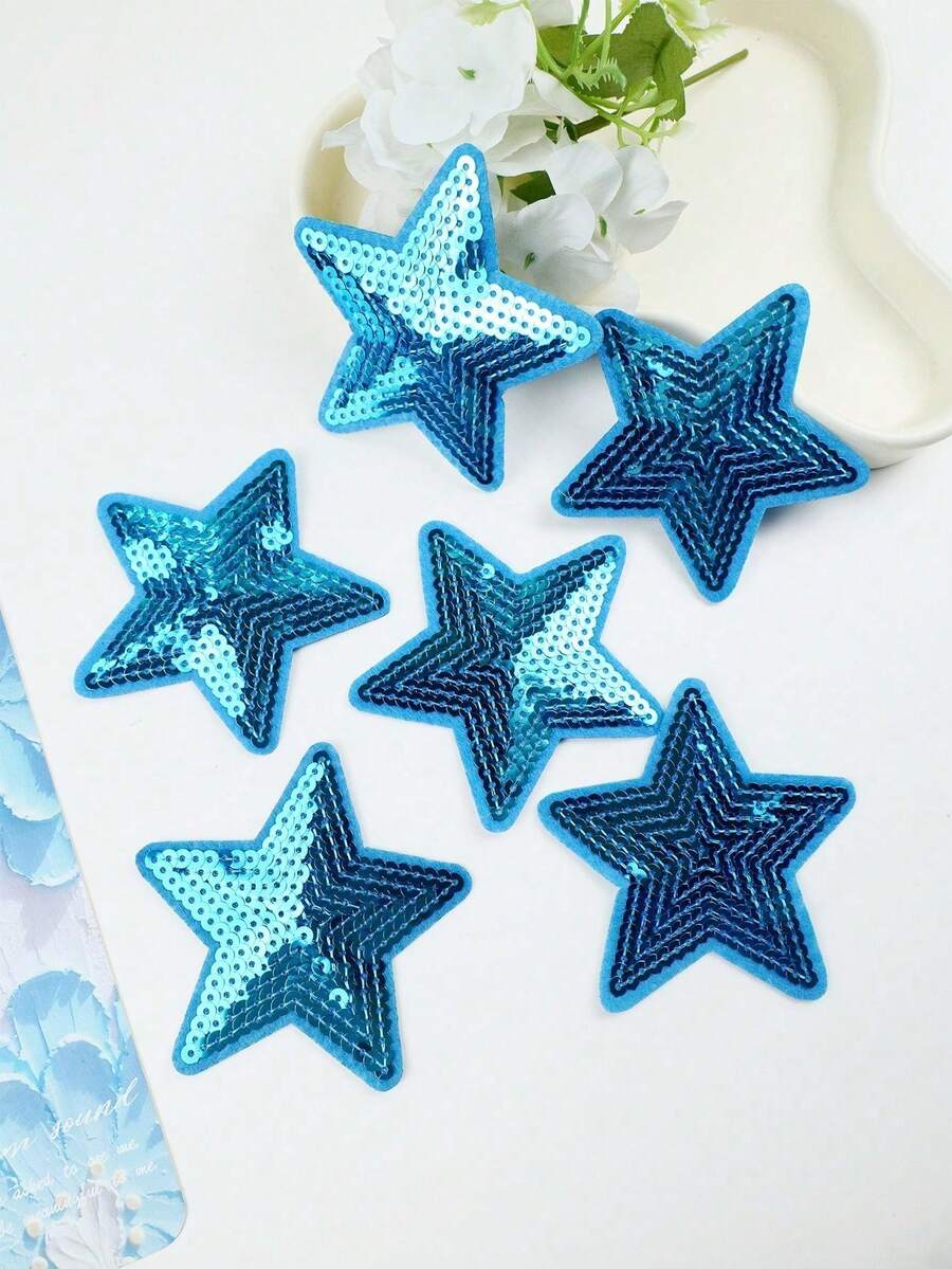 6片天蓝色亮片五角星图案布贴，卡通风格刺绣缝纫贴花贴纸，DIY工艺品，适用于服装、鞋子、帽子、包包等。 - 天藍色 - 查看 1