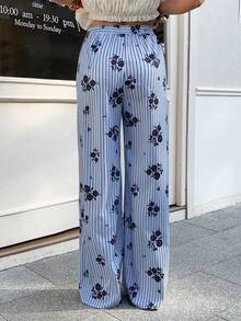 Elyressa 休闲度假畅销款蓝白条纹黑色花卉印花松紧腰系带蝴蝶结宽松直筒裤 - 藍色 - 查看 2