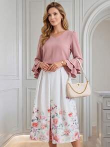 SHEIN LUNE 女士V领荷叶边拼接袖上衣和印花半裙优雅两件套 - 粉色 - 查看 4