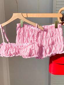 Comfortcana 女士荷叶边格子吊带背心和短裤两件套 - 粉色 - 查看 3