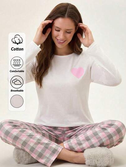 Loomlin Women's Cotton Cute Pink & Blue Heart Pajama Set,Long Sleeve Round Neck Sleep Top & Plaid Pattern Pants,Soft Warm Homewear Sleepwear Set