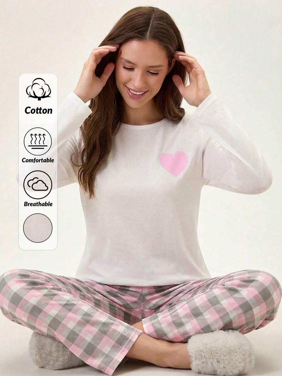 Loomlin Cotton Cute Pink & Blue Heart Long Sleeve Sleep Top&Plaid Pattern Pants Homewear Pajama Set Pajama Sets For Women Round Neck Warm Pajamas For Women Sleep Wear Women Set Soft Pajamas Set