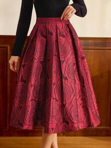 Vintamour 复古经典优雅女士半身裙，修身提花酒红色半身裙，带口袋，秋冬红色半身裙，女士图案半身裙，玫瑰印花中长半身裙，春季女士半身裙 - 酒紅色 - 查看 3