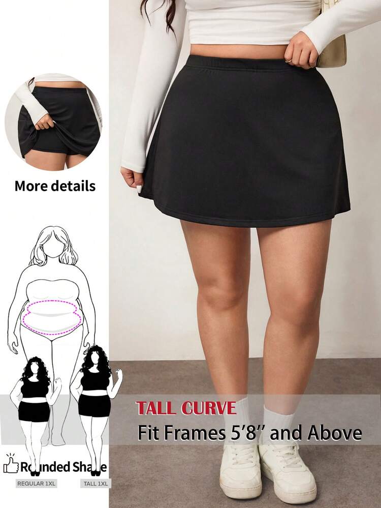 SHEIN Tall CURVE Plus Size Women Solid Color Elastic Waist Casual Skort - Black - View 1