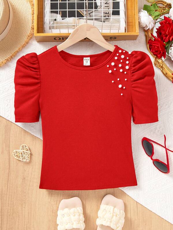 SHEIN Tween Girls' Casual Solid Color Round Neck Short Sleeve Beaded Top