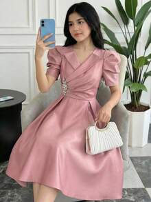 SHEIN 少女缎面羊腿袖A字型派对鸡尾酒裙 - 粉色 - 查看 4