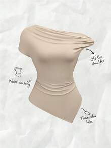 Olithes Women's New Stylish Asymmetrical Shoulder Casual T-Shirt, Fitted Design, Versatile For Spring/Summer - Khaki - View 1