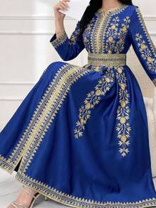 SHEIN Teen Girls' Royal Blue V-Neck Puff Sleeve A-Line Dress,Graphic Pattern Arabic Abaya Gown For Wedding,Autumn Elegant Modest Long Dresses For Girls - Royal Blue - View 5