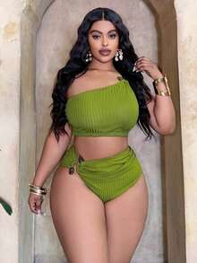Slaydiva Plus Size Women's 2-Piece Set, 2026 New Arrival, Hot Selling, Solid Color Black Thick Ribbed Knit Jacquard Fabric, Fashion Resort Daily Casual, Asymmetric Neckline, Sexy High Waist Triangle Bottoms, Tummy Slimming Ruched Separate Bikini Set Set - Green - View 3