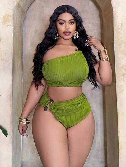 Slaydiva Plus Size Women's 2-Piece Set, 2026 New Arrival, Hot Selling, Solid Color Black Thick Ribbed Knit Jacquard Fabric, Fashion Resort Daily Casual, Asymmetric Neckline, Sexy High Waist Triangle Bottoms, Tummy Slimming Ruched Separate Bikini Set Set