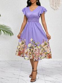 SHEIN Lady 女士休闲碎花中长连衣裙 - 淡紫色 - 查看 4