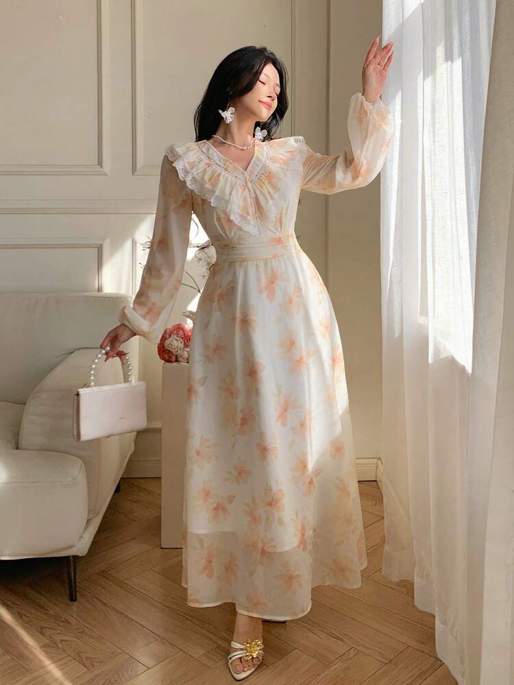 Spring & Summer Hollow Lace Patchwork Ruffle Hem Ditsy Floral Chiffon Dress, Elegant Casual Vacation Beach Wedding Party Midi Dress With Waist Tie Wedding Guest Dress Sundress