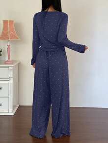 DAZY 2pcs Polka Dot Print Long Sleeve Cardigan And Pants Women Pajama Set, Autumn - Navy Blue - View 2