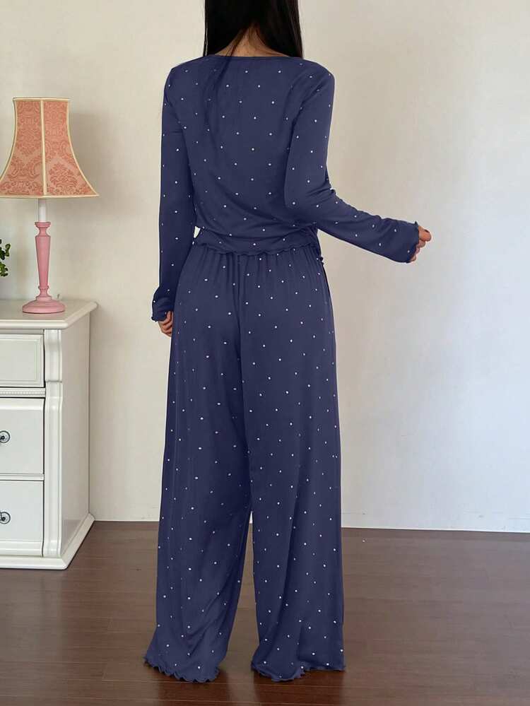 2pcs Polka Dot Print Long Sleeve Cardigan And Pants Women Pajama Set, Autumn