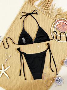 Swim SXY Conjunto de bikini sexy para mujer con escote halter, atado lateral, recortes, decoración de cadena con cuentas y espalda descubierta - Negro - Ver 3