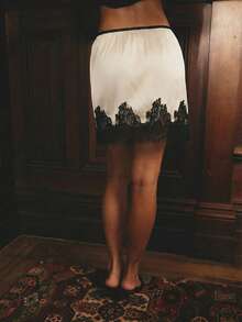 Aralina Chic Satin Lace Trim Scalloped Hem High Waist Elegant Sexy Vacation Outfits Women Mini Skirt