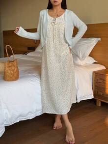 DAZY 浪漫优雅花卉针织开衫和无袖长款收腰睡裙女士睡衣套装 - 藍色 - 查看 8