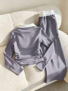 Teen Girl Contrast Collar Long Sleeve T-Shirt And Pants Set - Grey - View 2