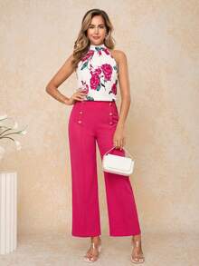 Ellevyn 女士印花露背上衣和阔腿裤时尚两件套 - 玫紅色 - 查看 3