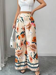 SHEIN Elenzya High Waist Floral Print Wide Leg Pants With Ruffle Hem, Loose Relaxed Fit Vacation Style - Light Yellow - View 3