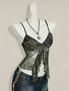 SHEIN ICON Women's Summer Bohemian Vacation Paisley Print Slit Ruffle Trim Fitted Cropped Camisole - Army Green - View 8