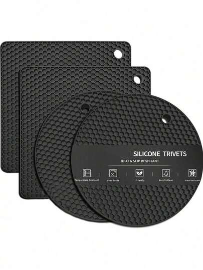 4PCS Black Heat Resistant Silicone Placemats - Multipurpose Thermal Insulation Pads For Hot Pots, Bowls, Microwave & Kitchen Counter