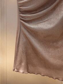 Modelyn Shiny Pleated Bow Tie Short Sleeve Elegant Blouse For Women - Pink - View 4