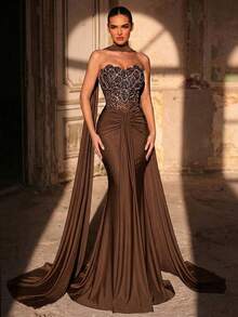 Glamrae Elegant Luxurious Beaded Bubble Floral Sequin Patchwork Elastic Knit Swimsuit Fabric Ruched Mermaid Skirt, Suitable For Weddings, Parties, Vacations, Galas, Evening Dresses (Heavy-Duty) - Brown - View 2