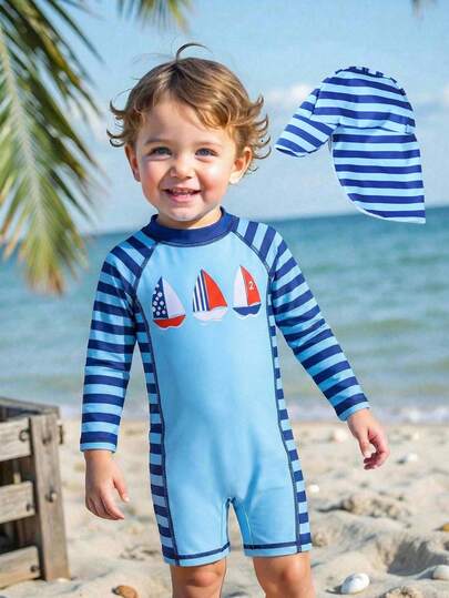 SHEIN 两件套男/女婴帆船图案插肩短袖连体衣和遮阳帽套装，适合海滩、游泳、度假等多种场合。