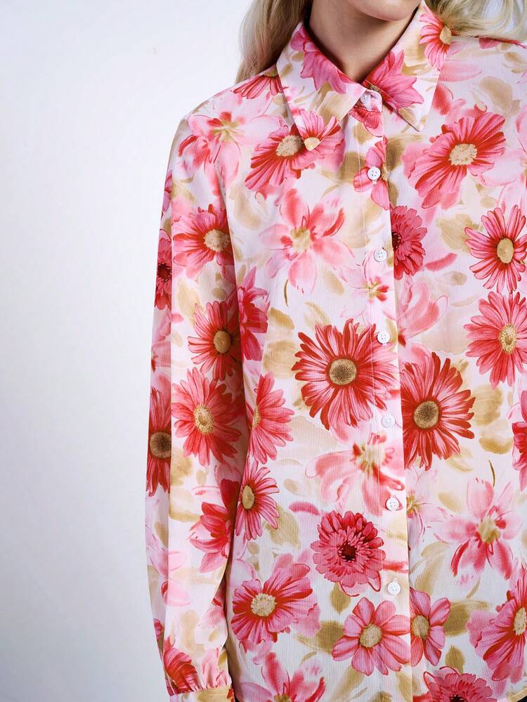 SHEIN Maija 여성용 로맨틱하고 우아한 플로럴 프린트 버튼업 셔츠 발렌타인데이, 축제