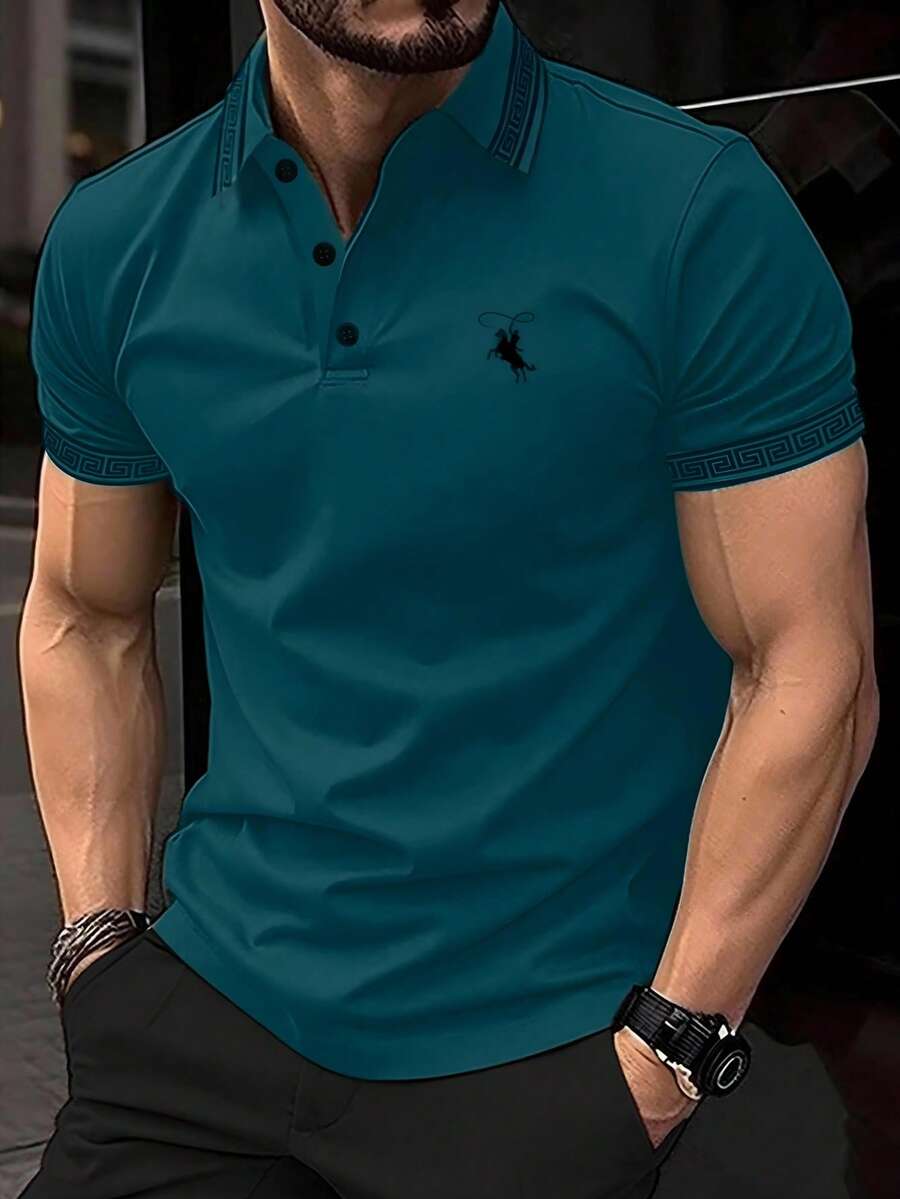 Manfinity Homme Men's Knight Print Short Sleeve Casual Commuter Polo Shirt - Teal Blue - View 1