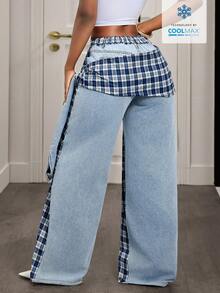 Slaydiva Women's Plaid Print Elastic Waist Tie Front Casual Versatile Jeans - Blue - View 2