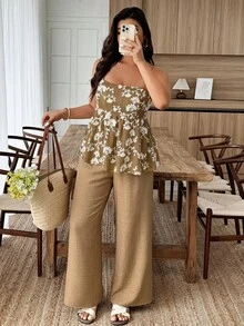 Weeklong Plus Size Women Casual Vacation Spaghetti Strap Square Neck Embroidered Ruffle Hem 2 Piece Set, Spring/Summer - Khaki - View 4