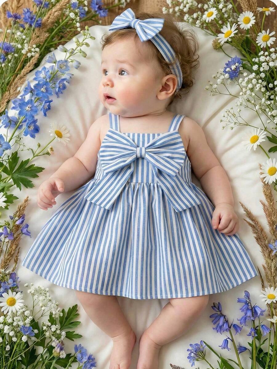 LMoss Kids Baby Girl Cute Striped Pattern Sleeveless Dress, Summer - Blue - View 1