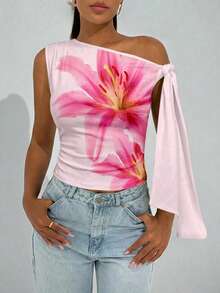 Firerie Women's Elegant Sexy Fashion Beach Vacation Pink Lily Print Asymmetrical Neck Twist Front Fitted Blouse - Pink - View 4