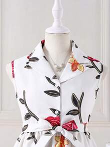 Tween Girls Elegant Floral Turndown Collar Sleeveless Dress, Suitable For Commuting, Party, And Gatherings - Multicolor - View 4