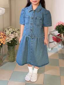 DAZY Young Girl Casual Denim Set: Puff Sleeve Button-Up Shirt And Mini Skirt