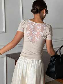 DAZY Camiseta interior elegante de manga corta, cuello redondo y ajuste ceñido con encaje de contraste para mujer, primavera/otoño - Gris - Ver 2