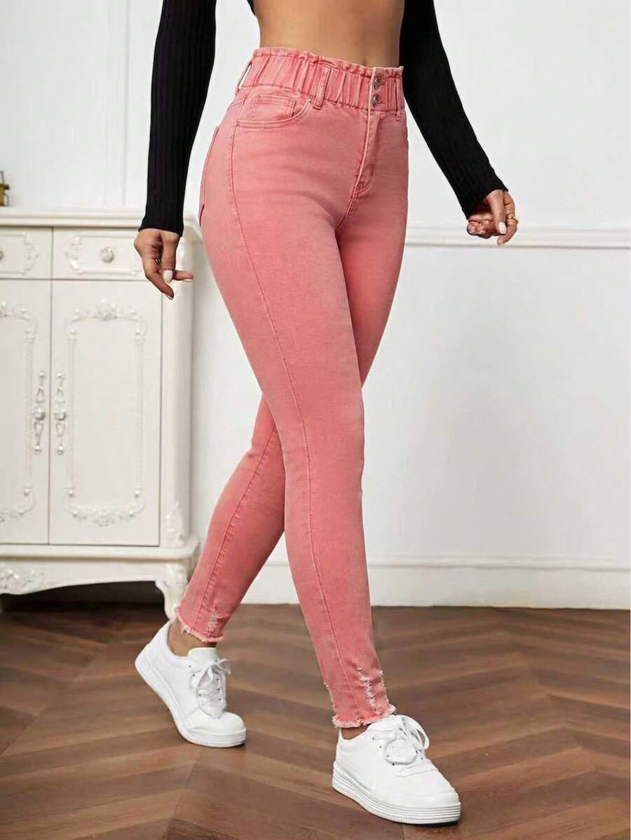 EMERY ROSE Women's Fashion Casual Washed Distressed Frayed Hem Skinny Jeans - Pink - View 1