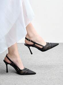 CUCCOO BIZCHIC 优雅女士露跟高跟鞋，网眼拼接T字带设计，尖头细高跟鞋 - 黑色 - 查看 3