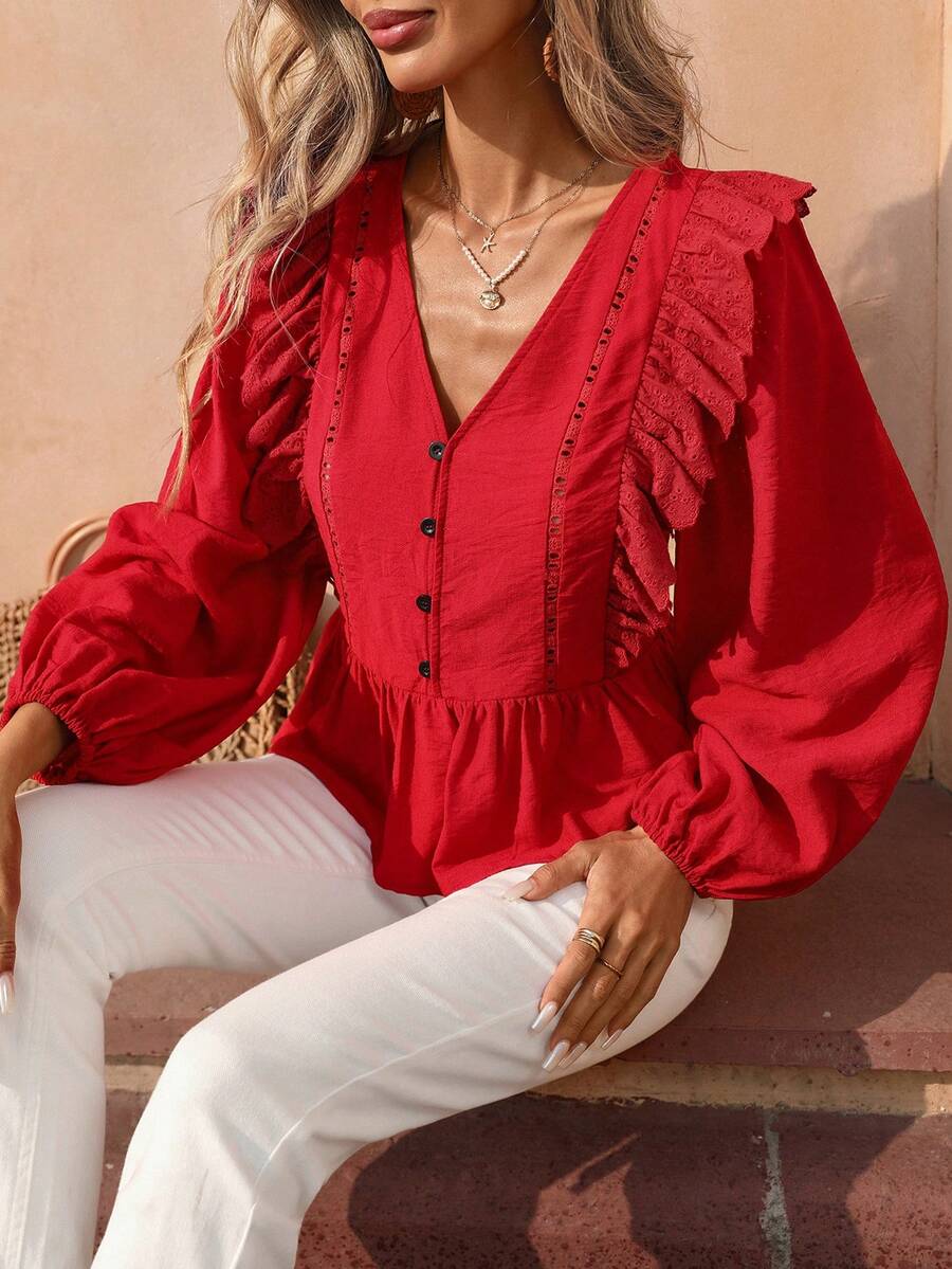 Flora Isola Flora Isola Women's Vintage Solid Color Long Sleeve Blouse, Floral Ruffle V-Neck Loose Casual Top, Versatile For Daily Commute, Dates, Gatherings, Spring/Summer - Red - View 1