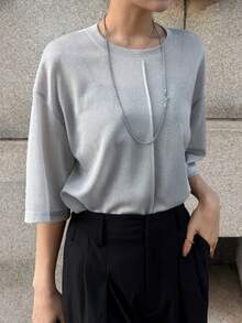 FRIFUL Women's Loose Fit Shiny Fabric Round Neck Short Sleeve T-Shirt, Suitable For Urban Commuting In Summer - Grey - View 5