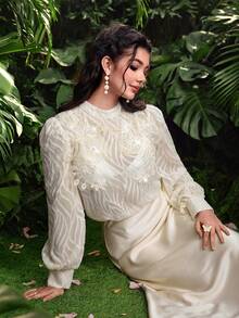 Modelyn Women's Elegant Silk Crinkle Long Sleeve Floral Blouse, Spring/Summer - Apricot - View 7