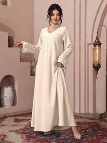 Al Najma Women's Loose Embroidered Beaded Robe For Ramadan - Apricot - View 7